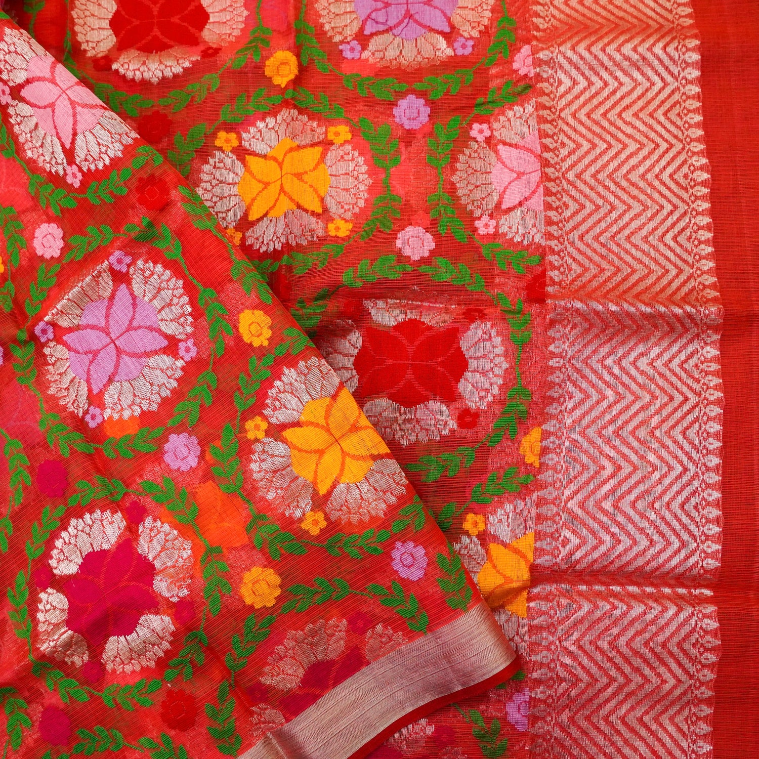 Reddish Orange Handwoven Real Zari Kota Silk Jaal Dupatta - Khinkhwab