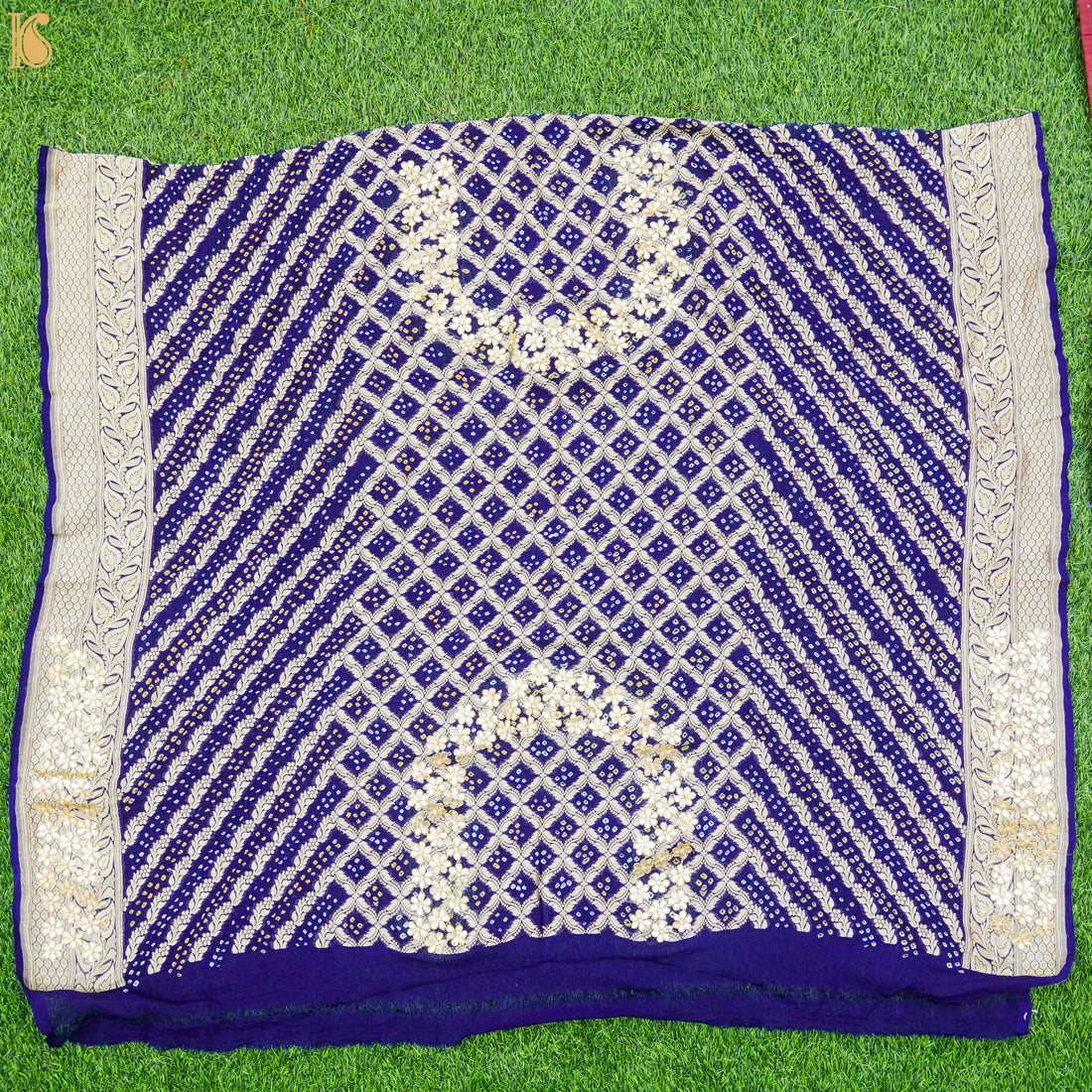 Blue Hand Embroidered Pure Georgette Bandhani Blouse Fabric - Khinkhwab