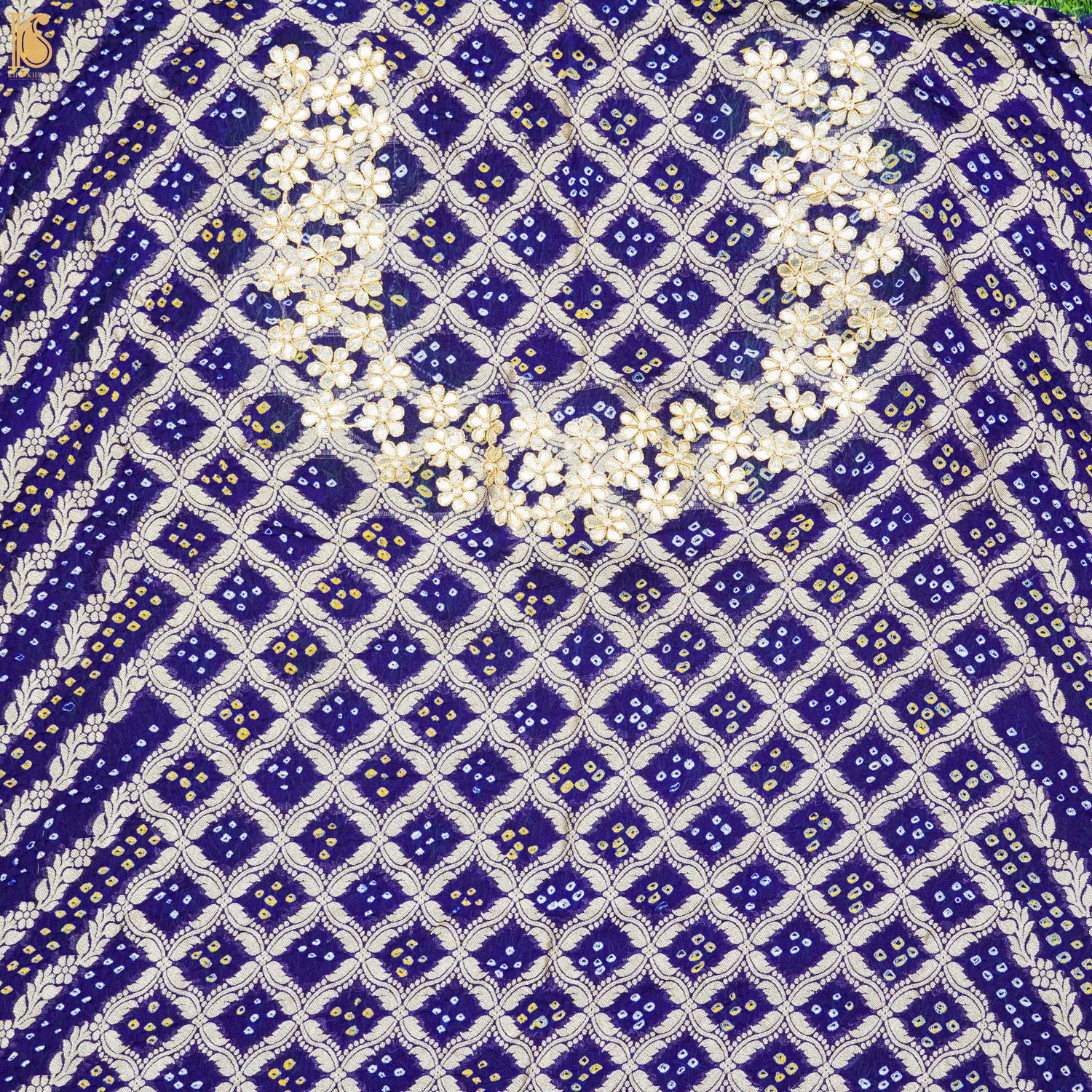 Blue Hand Embroidered Pure Georgette Bandhani Blouse Fabric - Khinkhwab