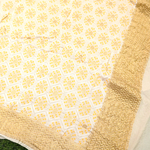 Off White Pure Georgette Honeycomb Banarasi Dupatta with Woven Dots - Khinkhwab