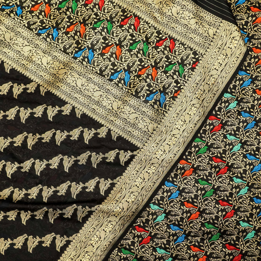 Black Handloom Pure Katan Silk Pink Banarasi Bird Suit & Dupatta Set - Khinkhwab