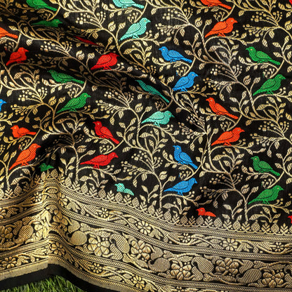 Black Handloom Pure Katan Silk Pink Banarasi Bird Suit &amp; Dupatta Set - Khinkhwab