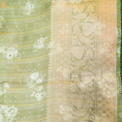 Olive Green Pure Organza Silk Floral Print Banarasi Border Saree - Khinkhwab