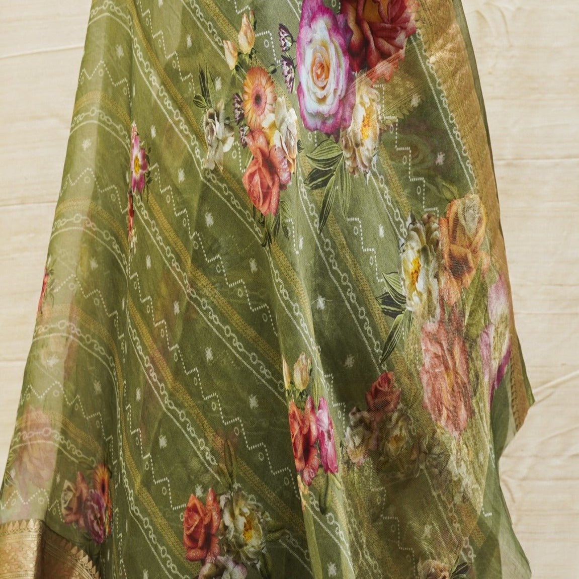 Olive Green Pure Organza Silk Floral Print Banarasi Border Saree - Khinkhwab