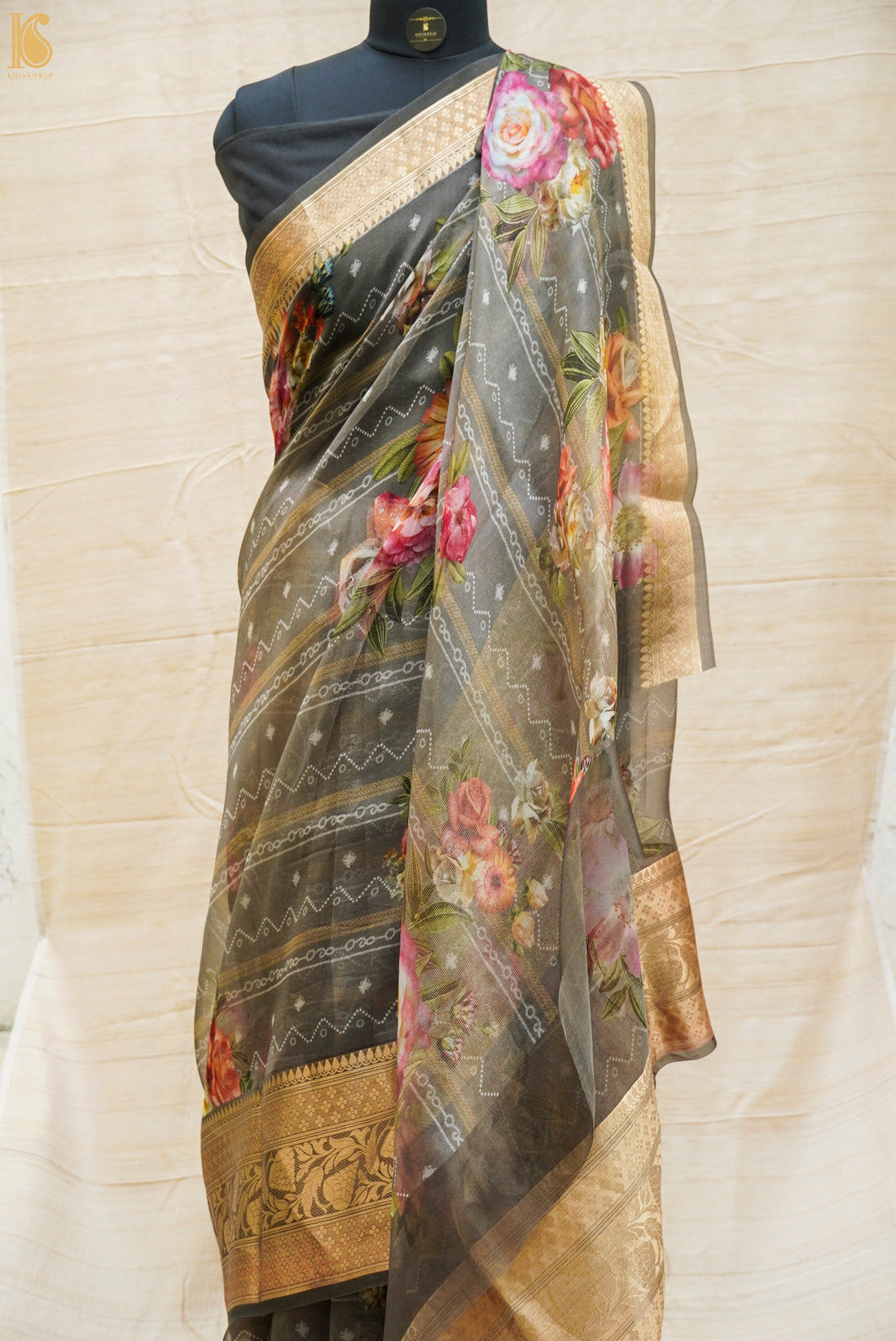 Grey Pure Organza Silk Floral Print Banarasi Border Saree - Khinkhwab