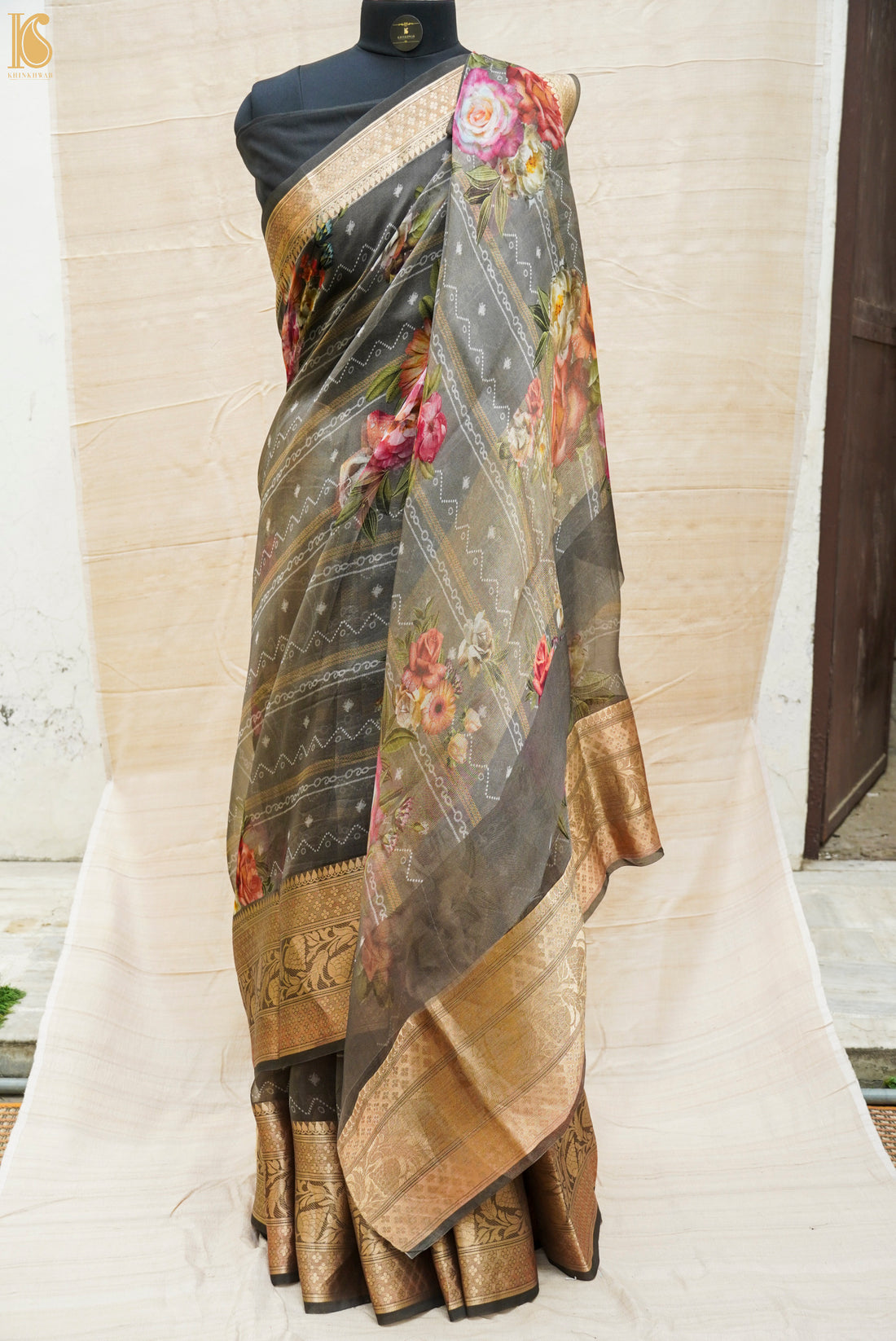 Grey Pure Organza Silk Floral Print Banarasi Border Saree - Khinkhwab