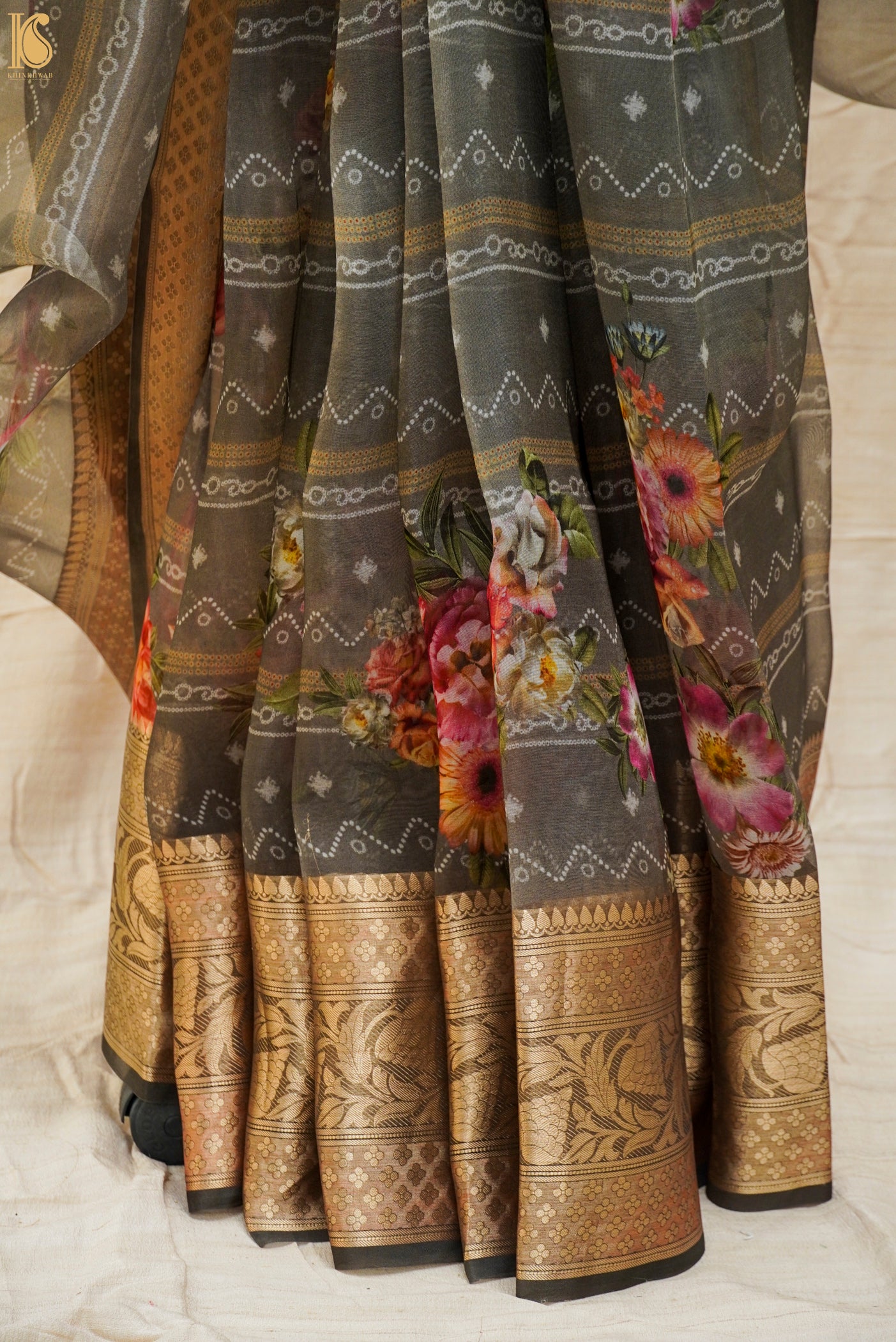 Grey Pure Organza Silk Floral Print Banarasi Border Saree - Khinkhwab
