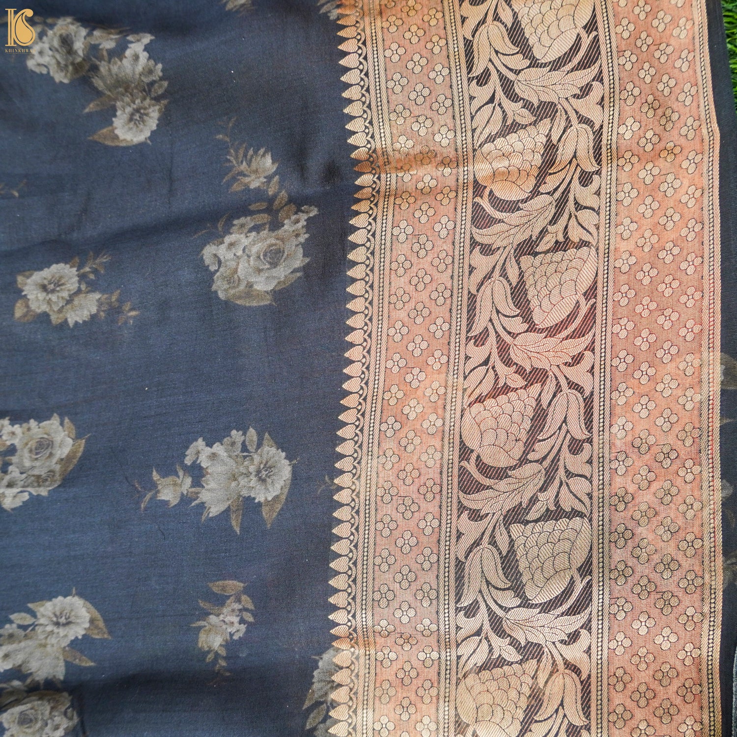 Grey Pure Organza Silk Floral Print Banarasi Border Saree - Khinkhwab