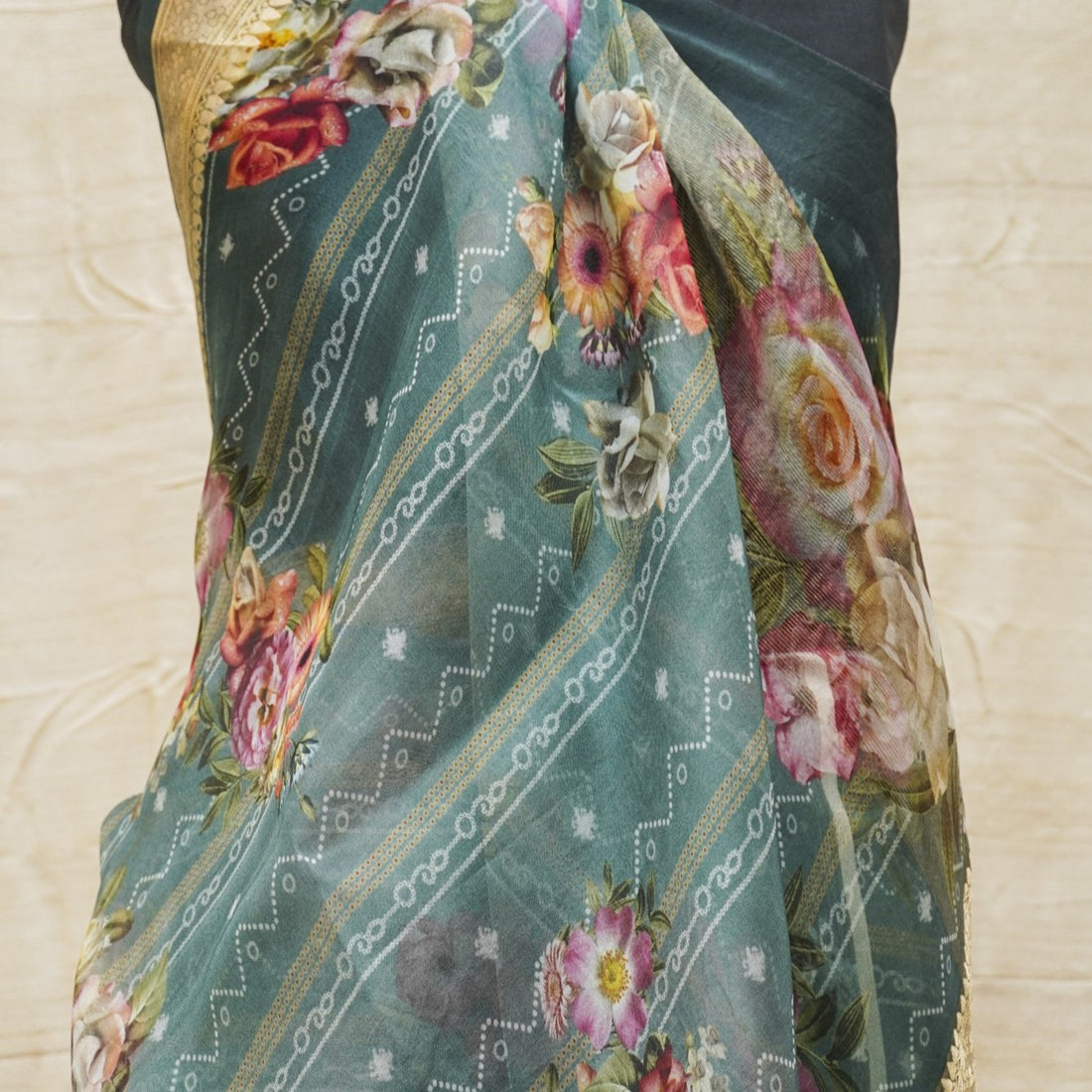 Cascade Blue Pure Organza Silk Floral Print Banarasi Border Saree - Khinkhwab