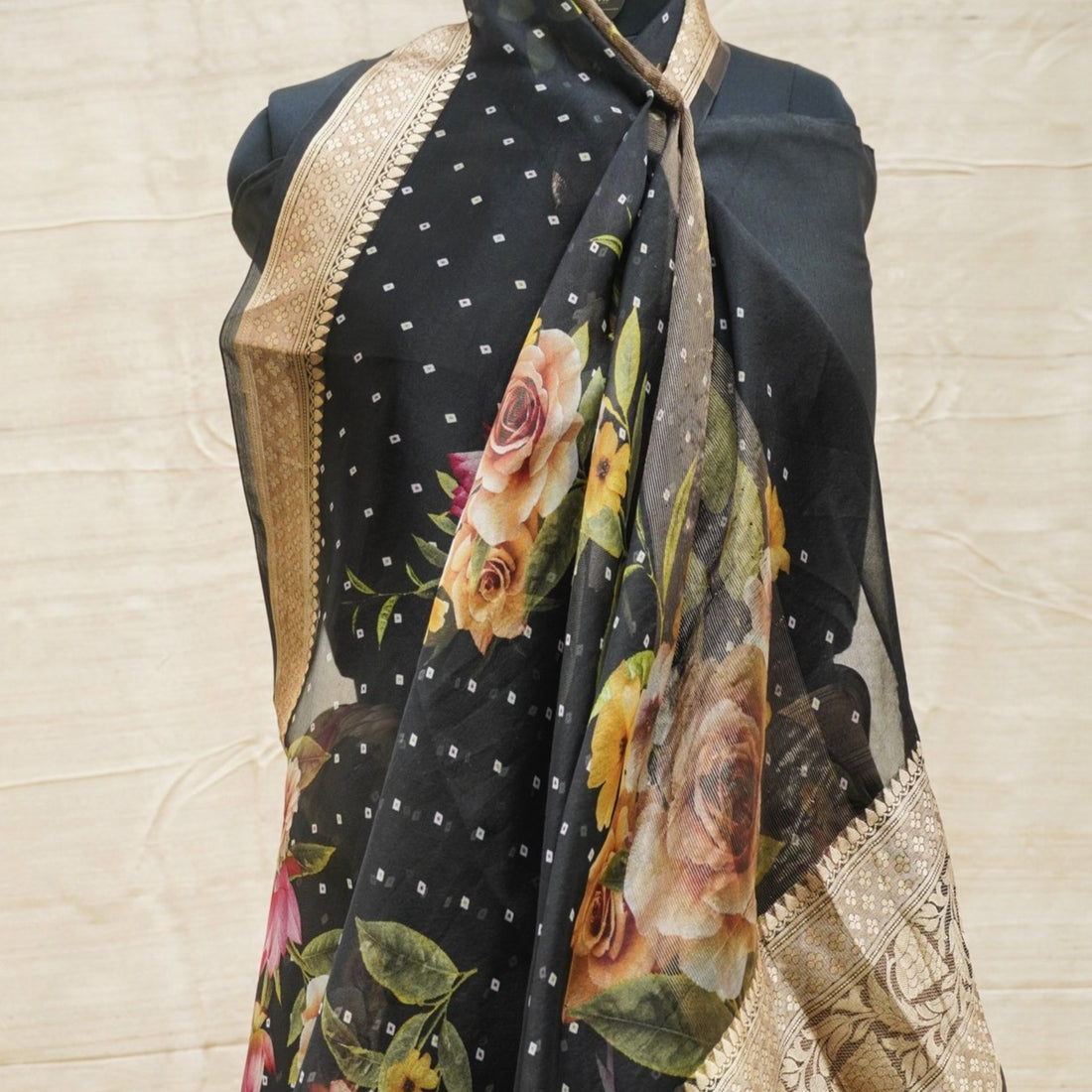 Black Pure Organza Silk Floral Print Banarasi Border Saree - Khinkhwab