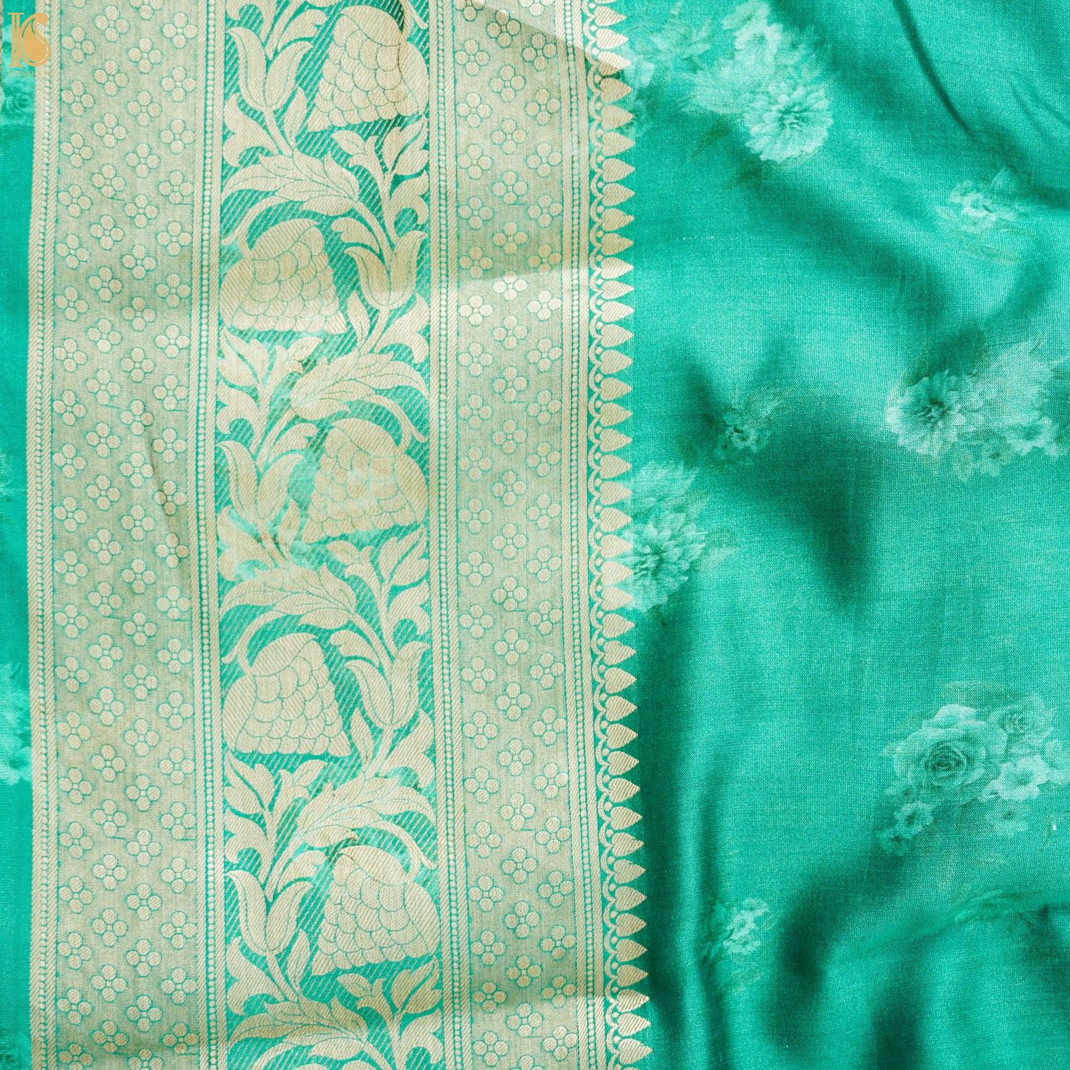 Pine Green Pure Organza Silk Floral Print Banarasi Border Saree - Khinkhwab