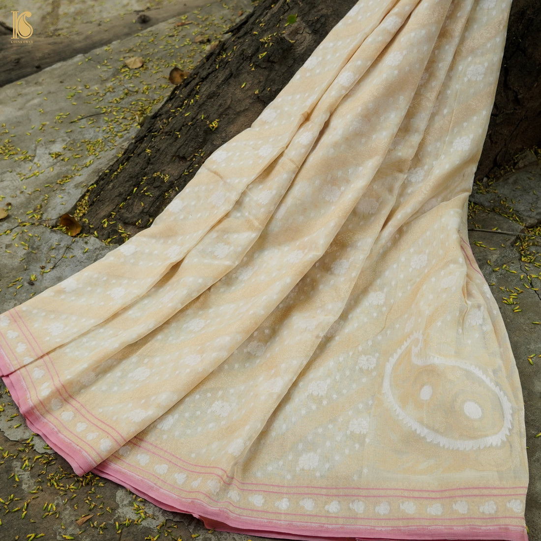 Stark White Pure Cotton Handloom Banarasi Jamdani Ektara Saree - Khinkhwab