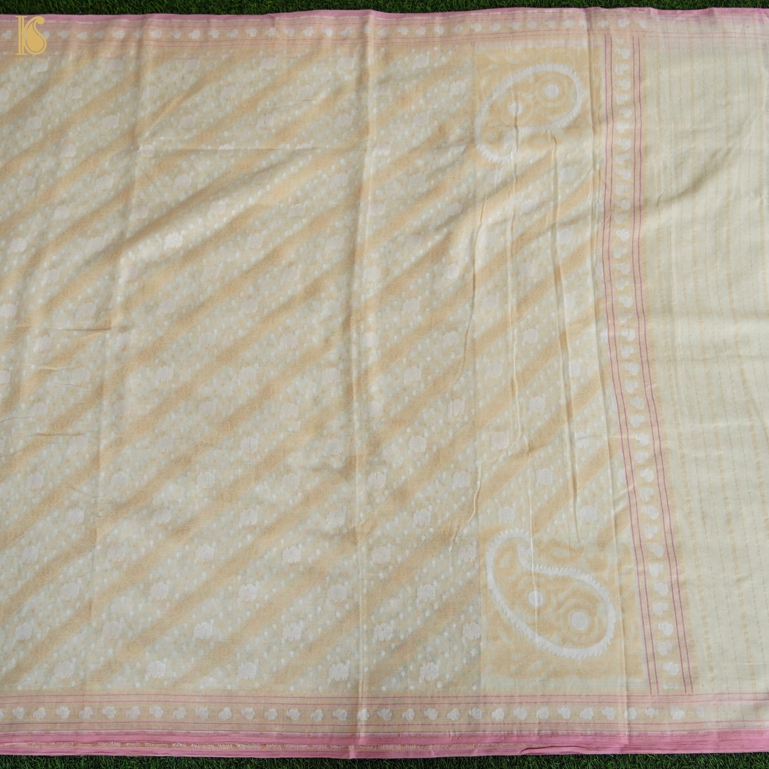 Stark White Pure Cotton Handloom Banarasi Jamdani Ektara Saree - Khinkhwab