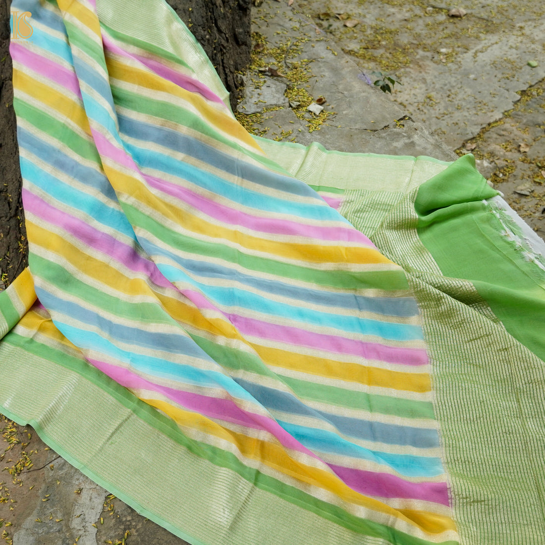 Fern Green Pure Georgette Handloom Stripes Banarasi Saree - Khinkhwab