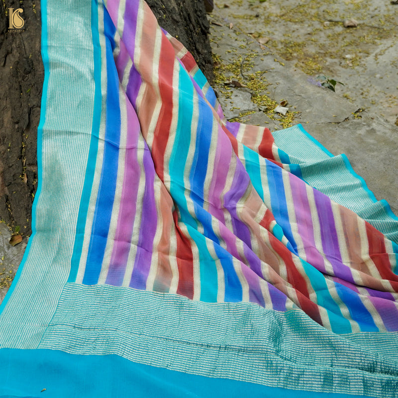 Blue Pure Georgette Handloom Stripes Banarasi Saree - Khinkhwab