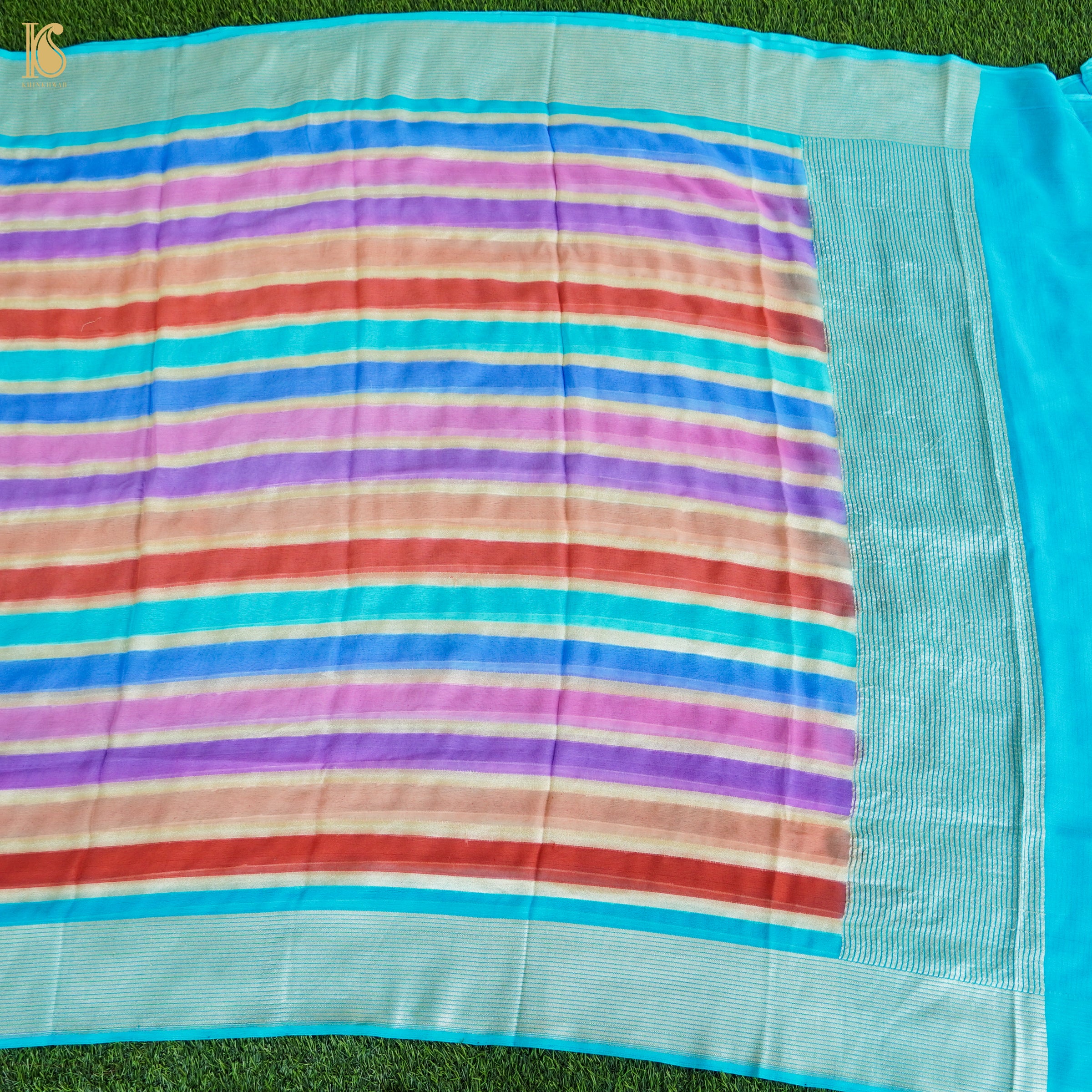 Blue Pure Georgette Handloom Stripes Banarasi Saree - Khinkhwab