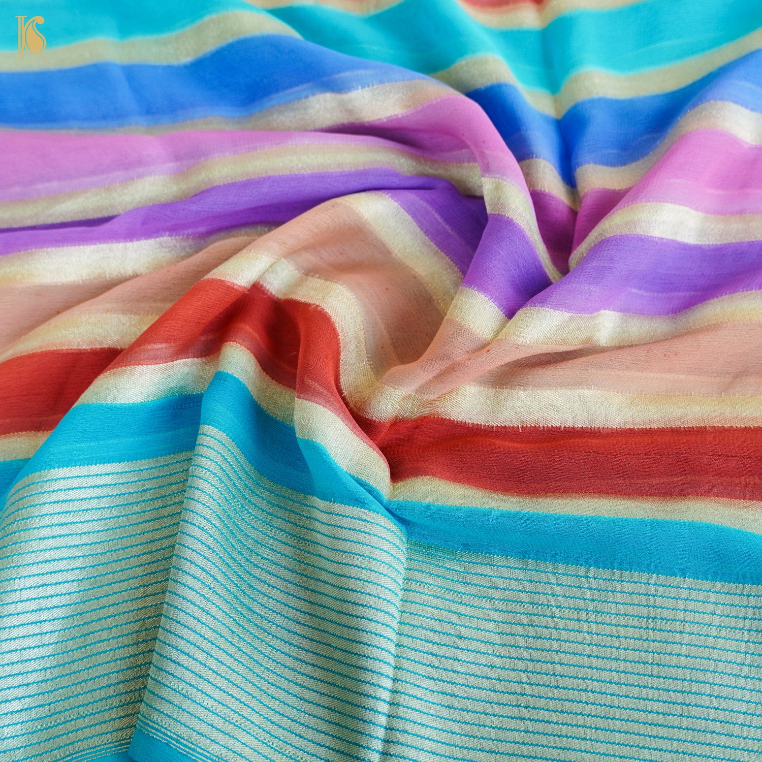 Blue Pure Georgette Handloom Banarasi Stripes Dupatta - Khinkhwab