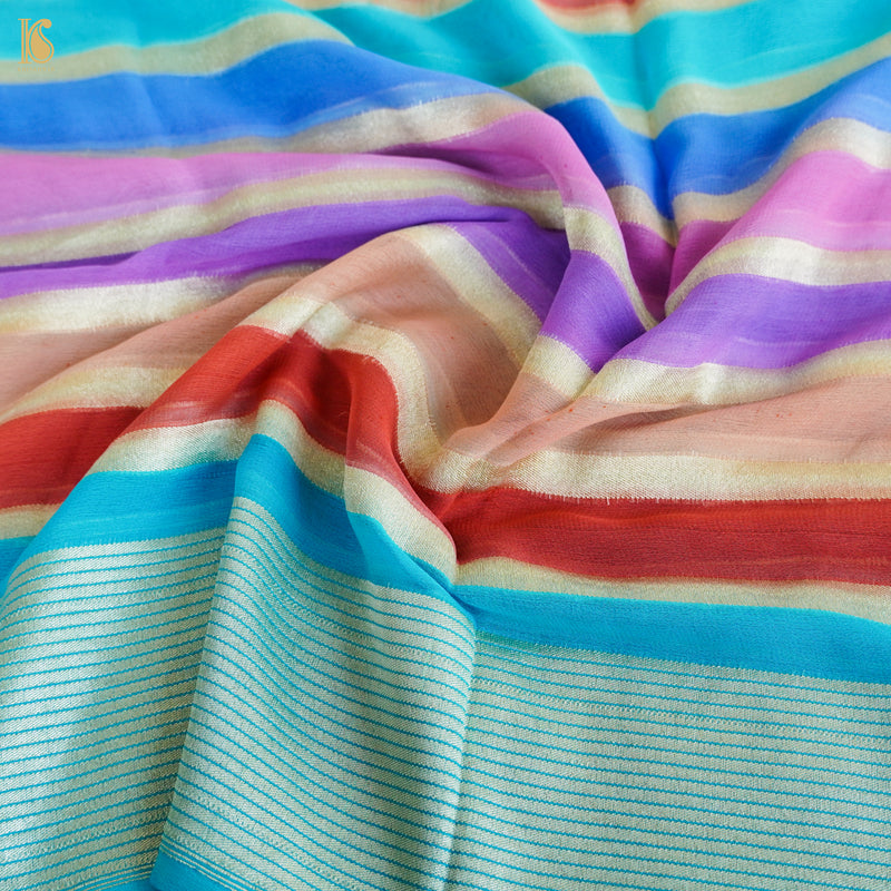 Blue Pure Georgette Handloom Stripes Banarasi Saree - Khinkhwab