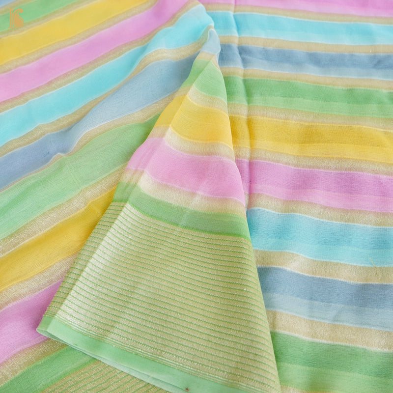 Fern Green Pure Georgette Handloom Stripes Banarasi Saree - Khinkhwab