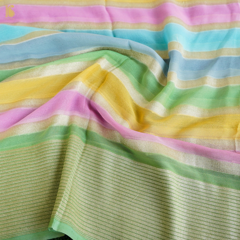 Fern Green Pure Georgette Handloom Stripes Banarasi Saree - Khinkhwab