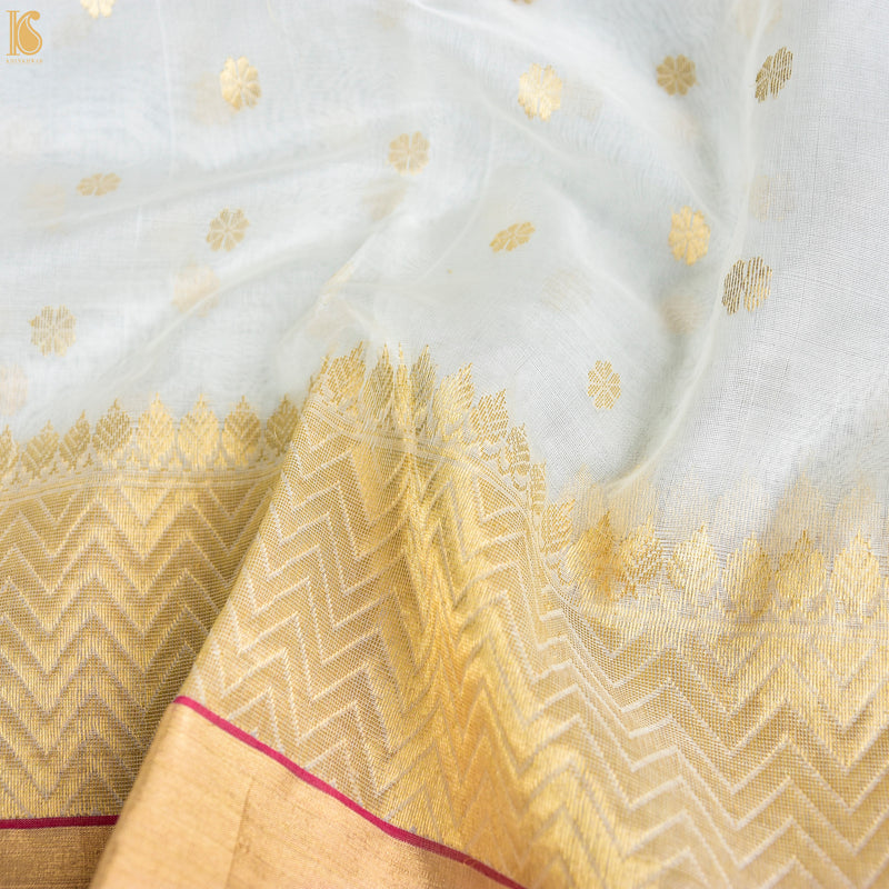 White Pure Katan Silk Handwoven Chanderi Dollar Boota Saree - Khinkhwab
