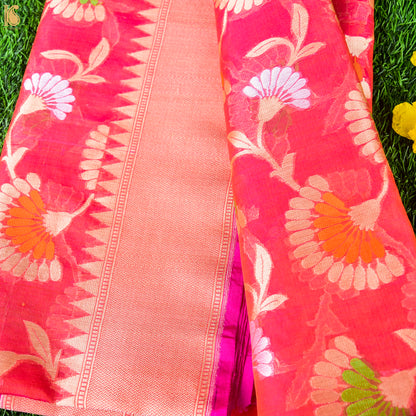 Pink &amp; Red Pure Kora Handloom Banarasi Jaal Saree - Khinkhwab