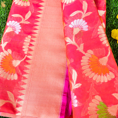 Pink & Red Pure Kora Handloom Banarasi Jaal Saree - Khinkhwab