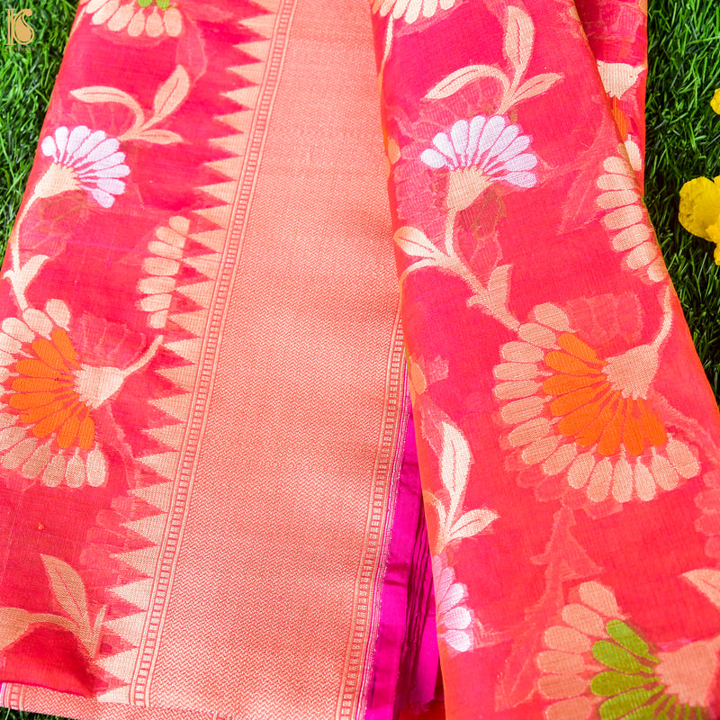 Pink & Red Pure Kora Handloom Banarasi Jaal Saree - Khinkhwab