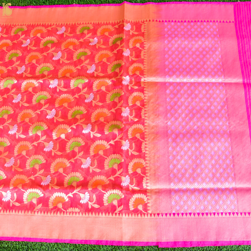 Pink & Red Pure Kora Handloom Banarasi Jaal Saree - Khinkhwab