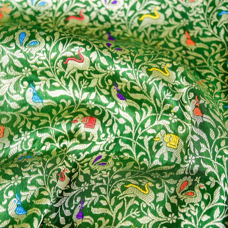 Handwoven Japanese Laurel Green Pure Katan Silk Banarasi Shikargah Fabric - Khinkhwab