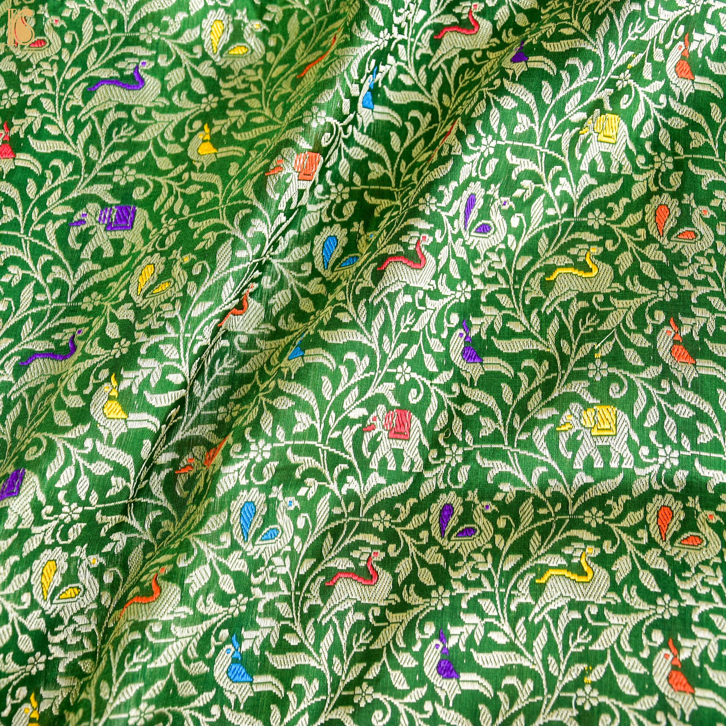 Handwoven Japanese Laurel Green Pure Katan Silk Banarasi Shikargah Fabric - Khinkhwab