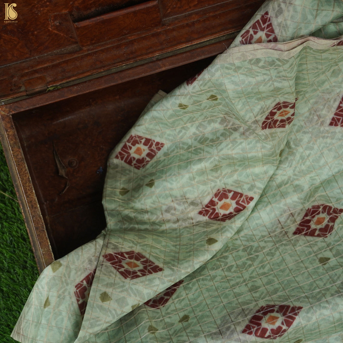 Green Pure Chanderi Silk with Zari Checks Print Fabric - Khinkhwab