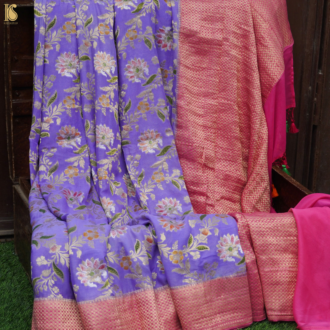 Pink &amp; Purple Pure Georgette Handloom Banarasi Jaal Marigold Saree - Khinkhwab