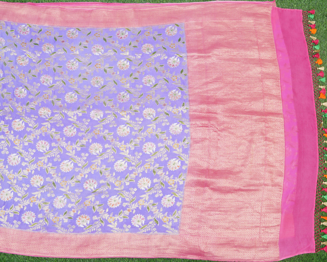 Pink &amp; Purple Pure Georgette Handloom Banarasi Jaal Marigold Saree - Khinkhwab