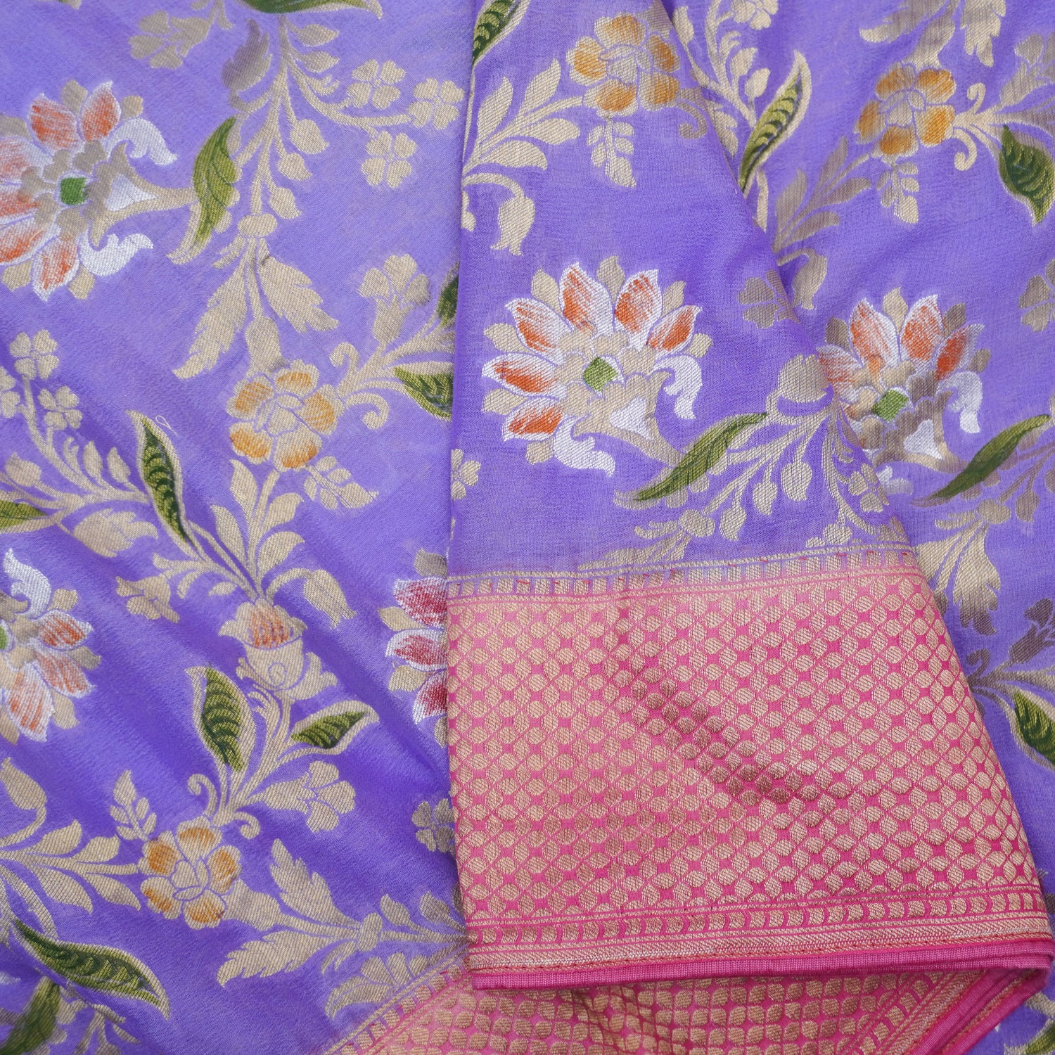 Pink &amp; Purple Pure Georgette Handloom Banarasi Jaal Marigold Saree - Khinkhwab