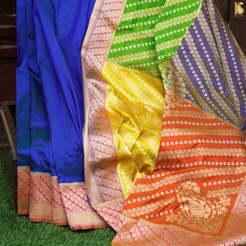 Blue Handwoven Pure Katan Silk Chauki Rangkat Banarasi Saree - Khinkhwab