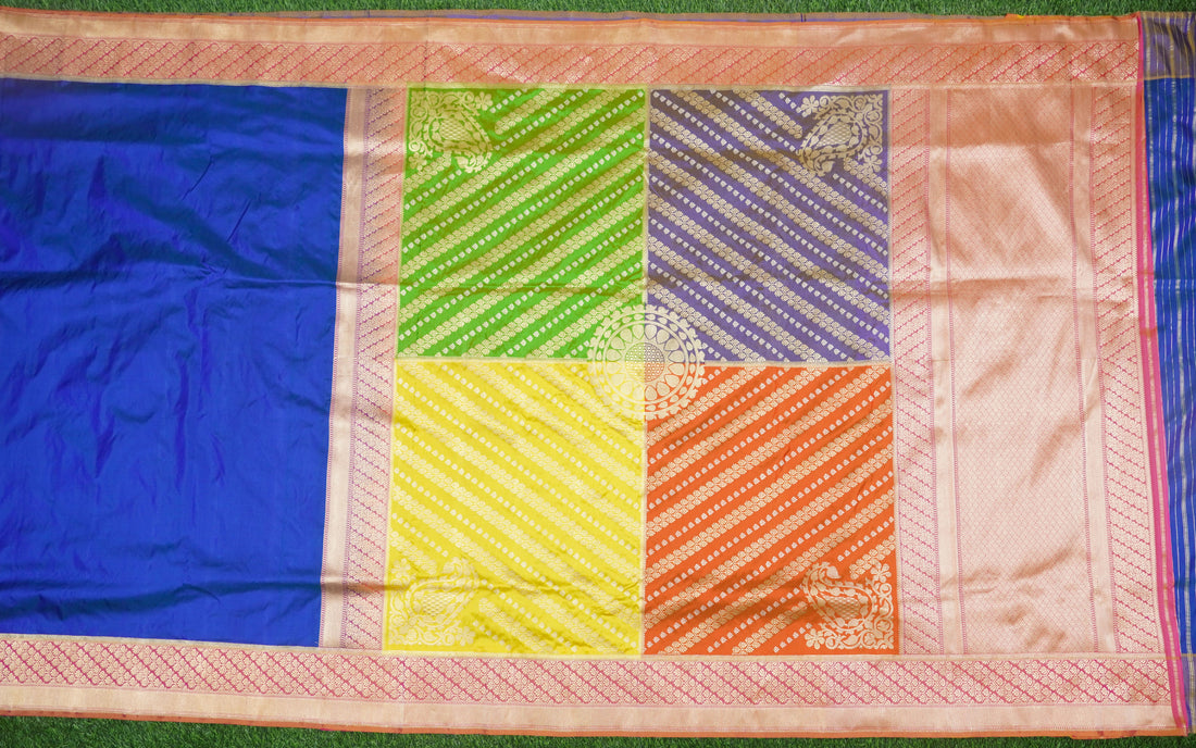 Blue Handwoven Pure Katan Silk Chauki Rangkat Banarasi Saree - Khinkhwab