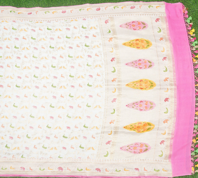 White & Pink Georgette Shikargah Banarasi Hand Brush Dupatta - Khinkhwab