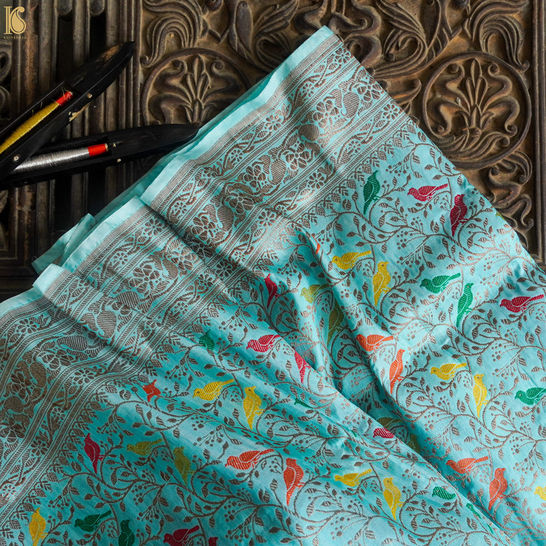 Handloom Katan Silk Morning Glory Blue Banarasi Chidiya Saree - Khinkhwab