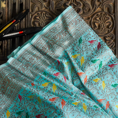 Handloom Katan Silk Morning Glory Blue Banarasi Chidiya Saree - Khinkhwab