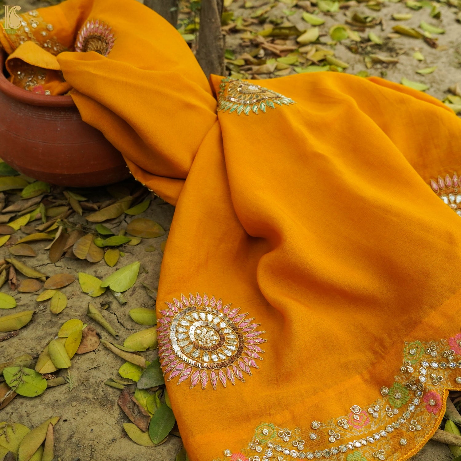 Yellow Pure Georgette Banarasi Scalloped Dupatta with Gotta Patti - Khinkhwab