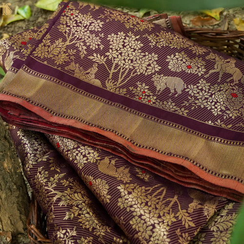 Handloom Banarasi Katan Silk Purple Shikargah Saree - Khinkhwab