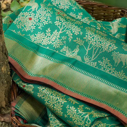 Handloom Banarasi Katan Silk Green Shikargah Saree - Khinkhwab