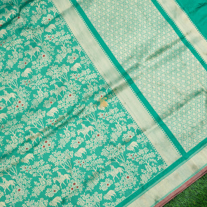 Handloom Banarasi Katan Silk Green Shikargah Saree - Khinkhwab