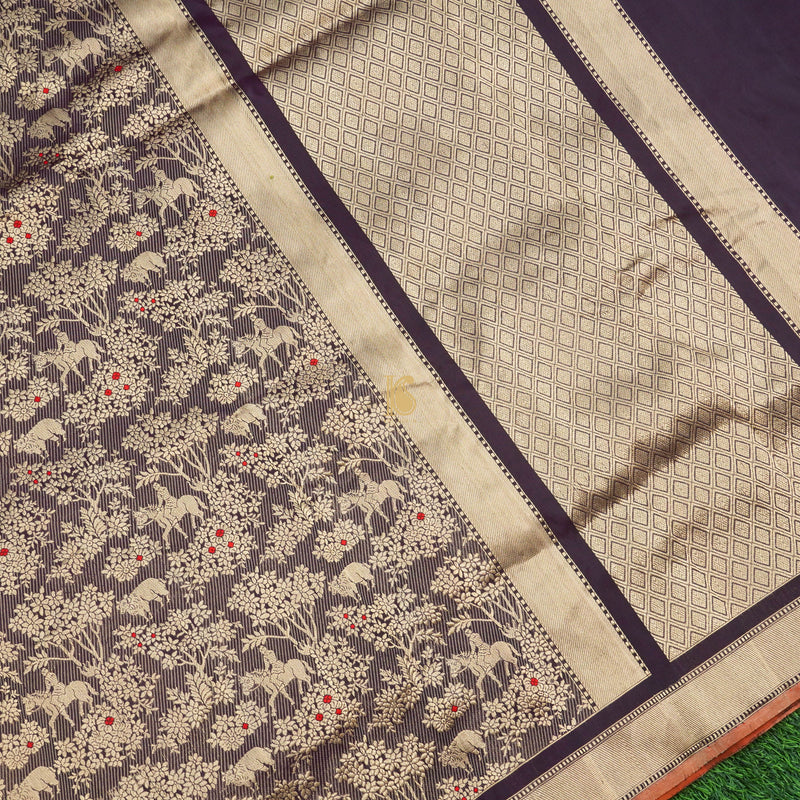 Handloom Banarasi Katan Silk Purple Shikargah Saree - Khinkhwab