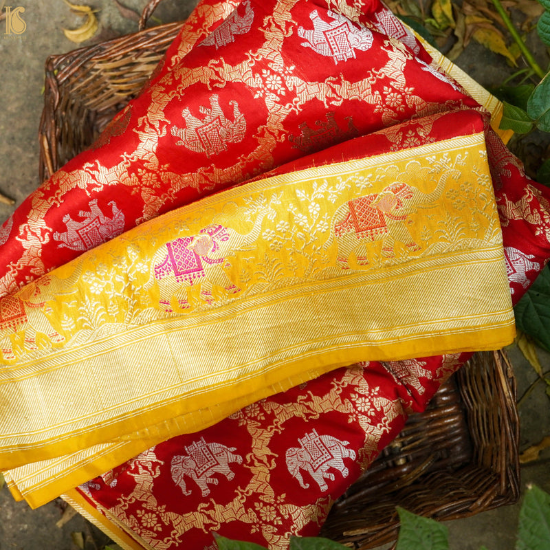 Red Handloom Banarasi Katan Silk Haathi Ghoda Saree - Khinkhwab