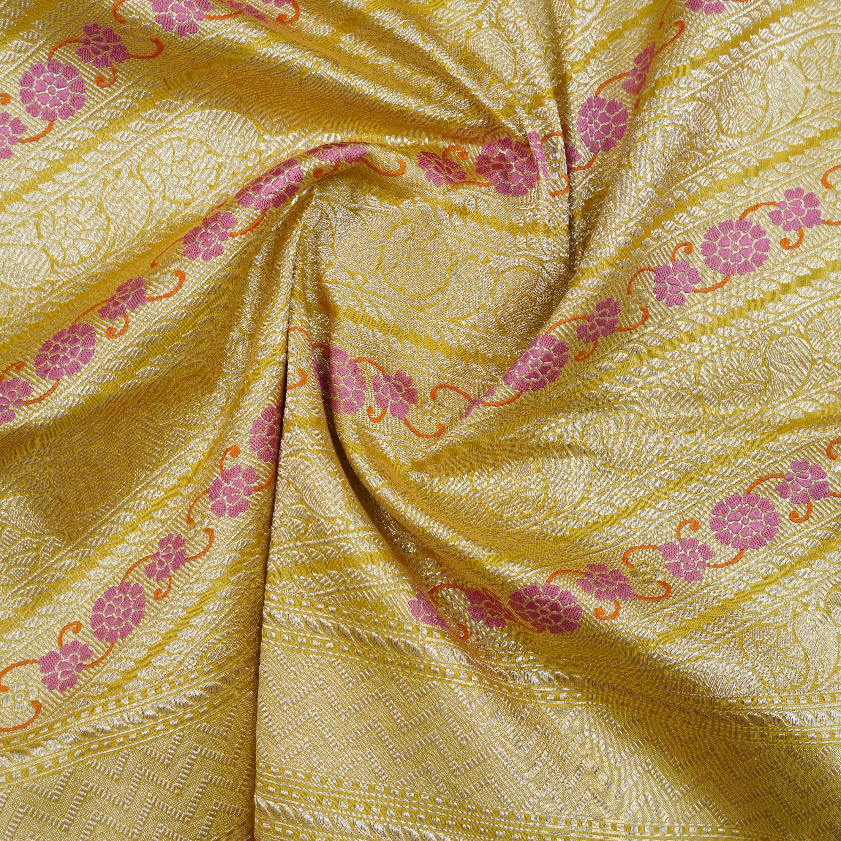 Mustard Yellow Pure Katan Silk Handloom Banarasi Leheriya Saree - Khinkhwab