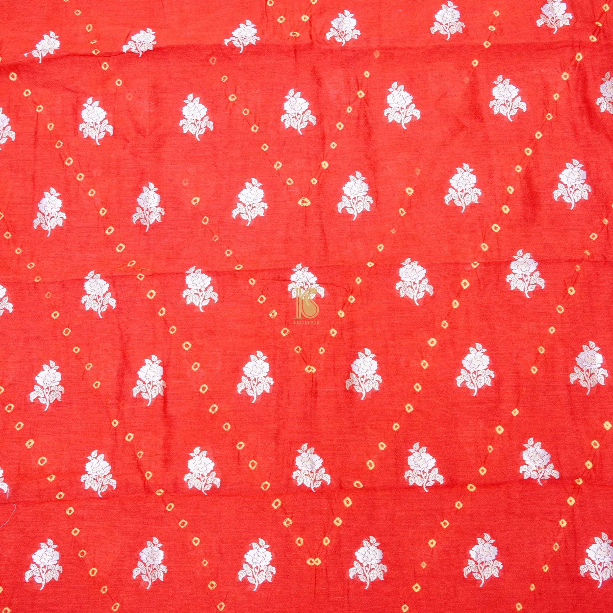 Red Orange Pure Cotton Silk Banarasi Bandhani Fabric - Khinkhwab