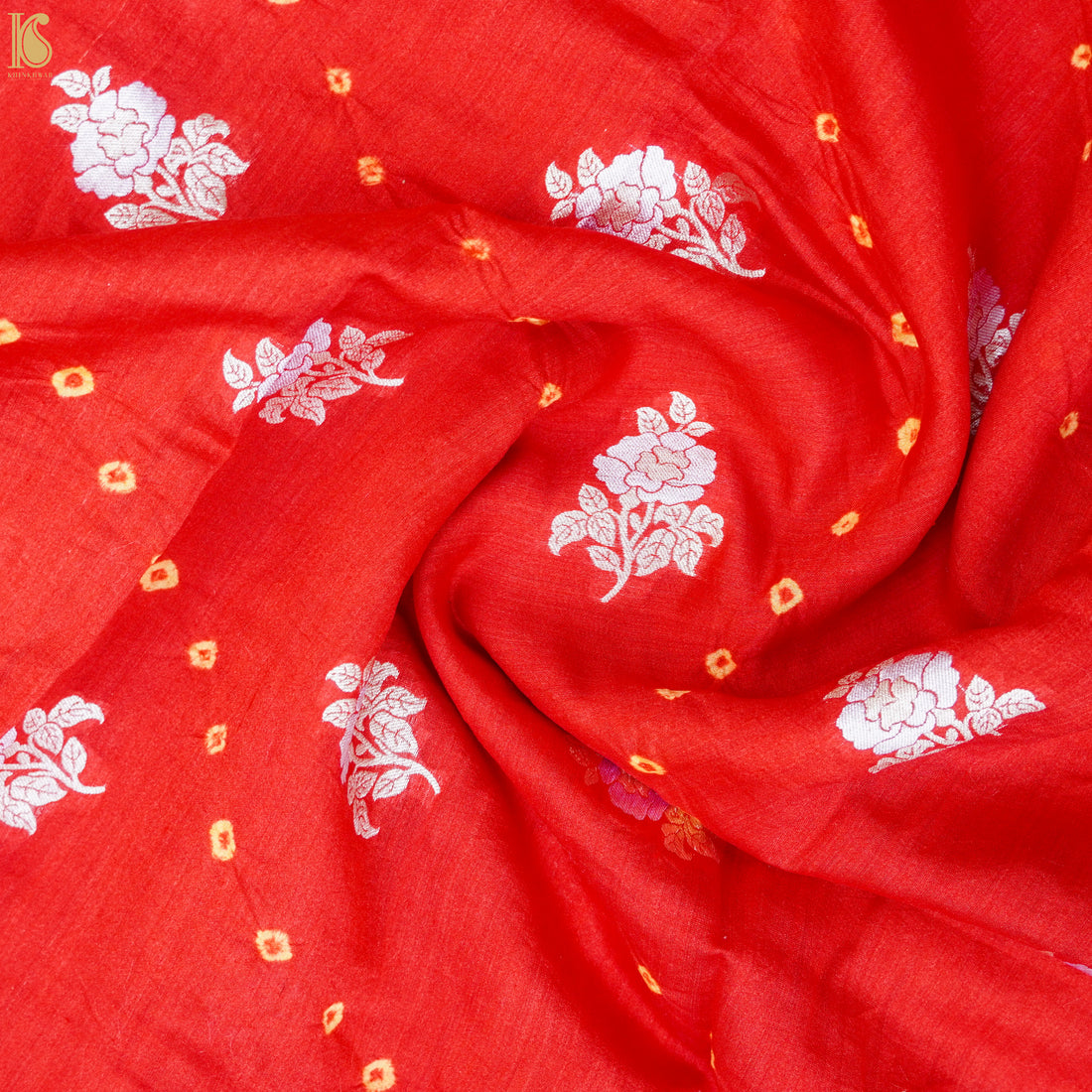 Red Orange Pure Cotton Silk Banarasi Bandhani Fabric - Khinkhwab