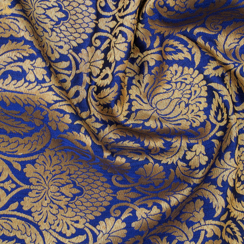 Blue Brocade Pure Katan Silk Banarasi Fabric - Khinkhwab